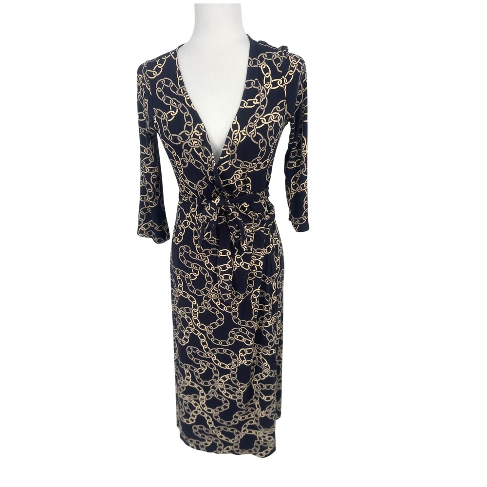 Seraphine Dress Size 4 Navy Blue Chain Print Wrap Maternity Nursing Old Money